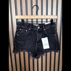 New Zara Jean Shorts 00 Womens Black Mid Rise Cut Off Denim Frayed Button Fly